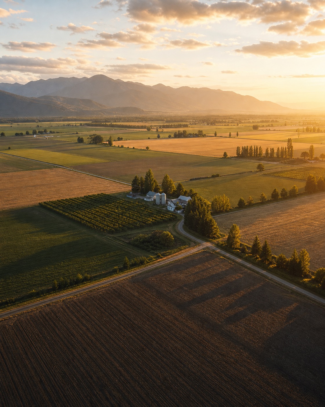 Aerial view of Canadian farmland at golden hour